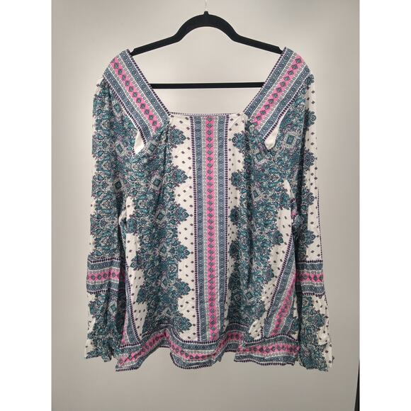 Lane Bryant Blouse Top Plus 18 Classic‎ Long Sleeve Square Neck Boho Teal Pink - Picture 4 of 12